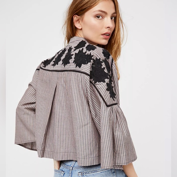 Free People Liya Embroidered top black floral detail deep v neck - Picture 3 of 14